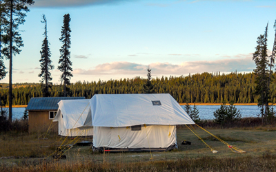 Wall tents and cabin at our Kakwa grizzly bear project campsite in the rocky mountains of B.C. (Photo: Scott Nielsen)